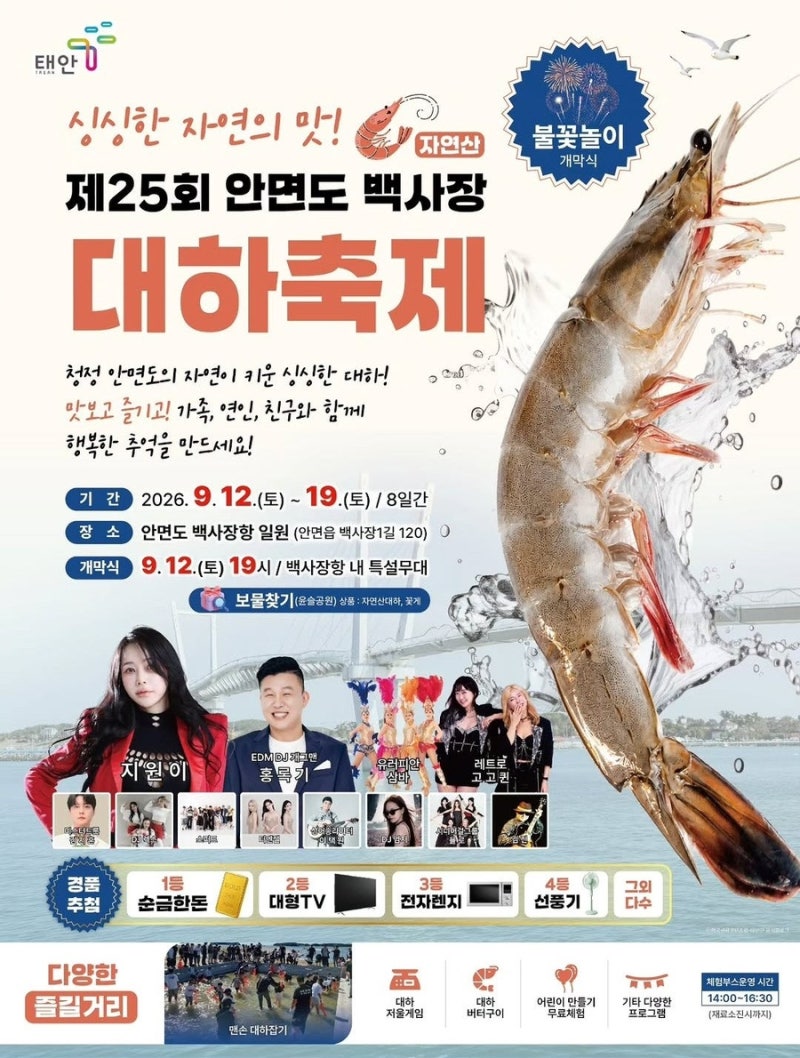 2026 안면도 백사장 대하축제 일정부터 초대가수 라인업, 불꽃놀이 명당 총정리