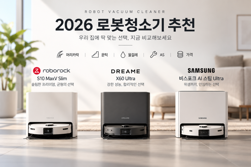 2026 로봇청소기 추천, 로보락 S10 MaxV Slim·드리미 X60 Ultra·삼성 비스포크 AI 스팀 Ultra 가격 비....