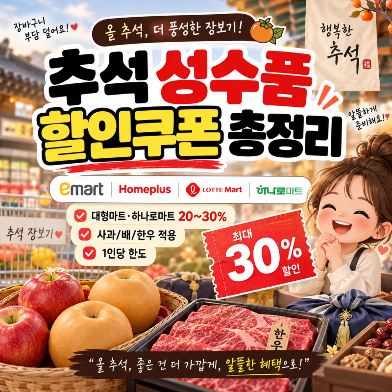 추석 농축수산물 할인쿠폰 활용법｜대형마트·하나로마트 20~30% 할인·성수품 품목·한도 총....