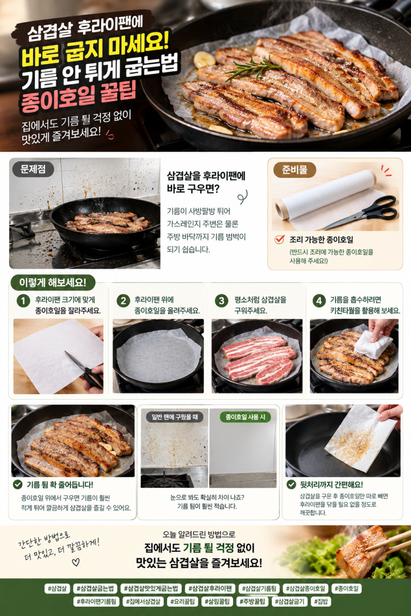 삼겹살 후라이팬에 바로 굽지 마세요! 기름 안 튀게 굽는법 종이호일 꿀팁