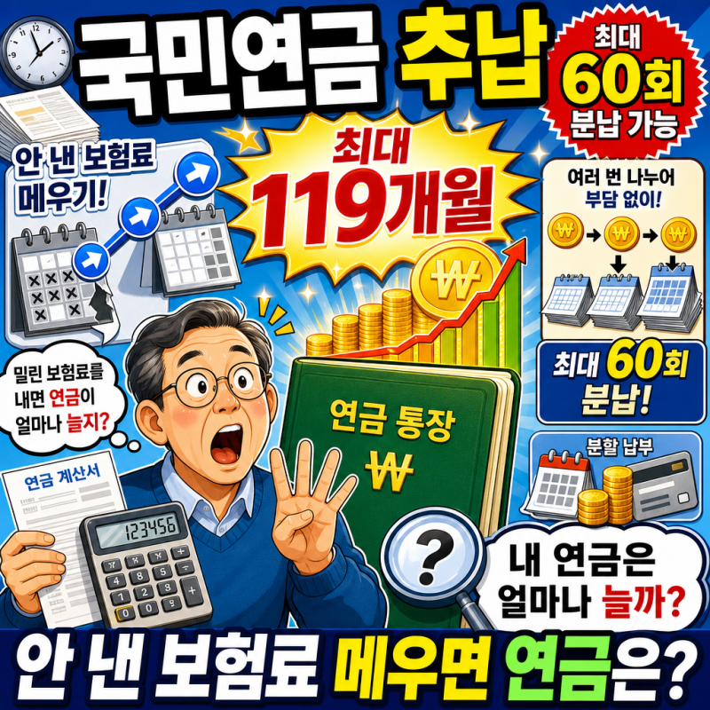 국민연금 추납 최대 119개월, 안 낸 보험료 메우면 연금이 얼마나 늘까 (60회 분납 가능합니다)