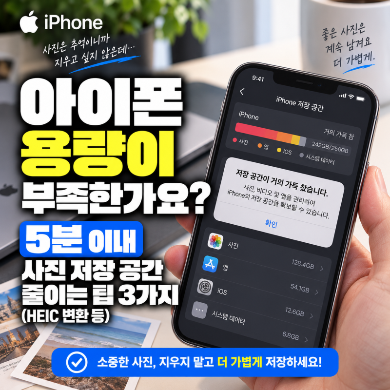 아이폰 용량이 부족한가요? 5분 이내 사진 저장 공간 줄이는 팁 3가지 (HEIC 변환 등)