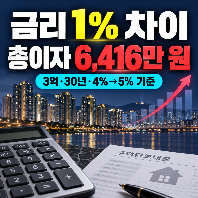 주담대 금리 1% 차이, 3억·30년 연 4%와 5% 총이자 6416만원 차이