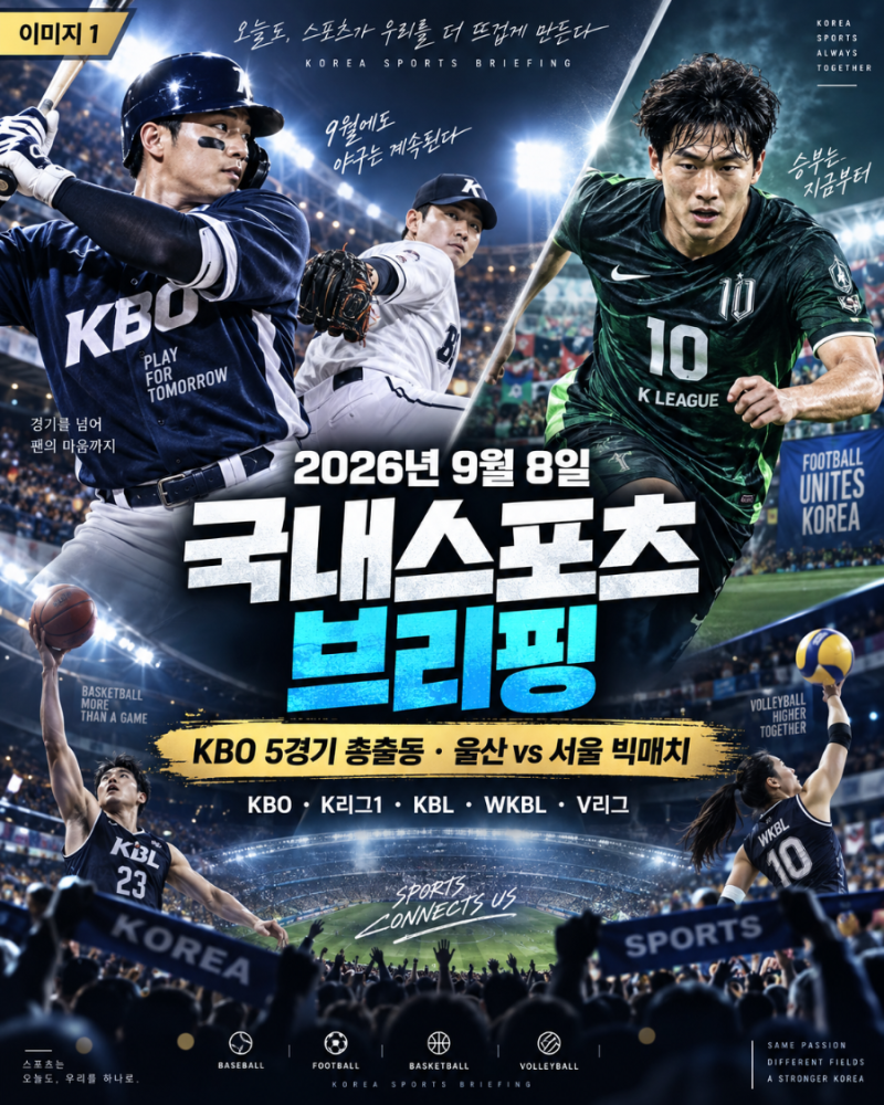 2026년 9월 8일 국내스포츠 브리핑｜KBO 5경기 총출동, 삼성-KIA 빅매치·K리그 울산-서울 격돌