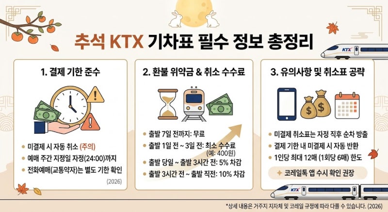 추석 KTX 기차표 결제 기한 및 환불 위약금·취소 수수료 총정리