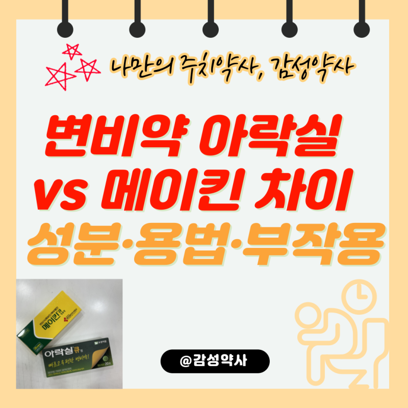 변비약 아락실 vs 메이킨 차이 — 성분·용법·부작용 약사가 비교 정리 (감성약사)