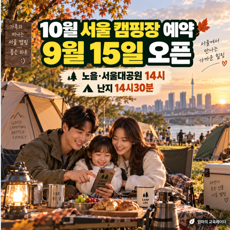 10월 서울 캠핑장 예약 9월 15일 오픈｜노을·서울대공원 14시, 난지 14시30분