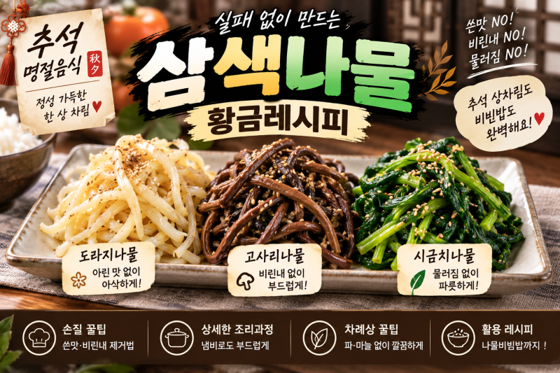 추석 삼색나물 만들기! 도라지 쓴맛과 고사리 비린내 싹 잡는 시금치 고사리 도라지나물 황....