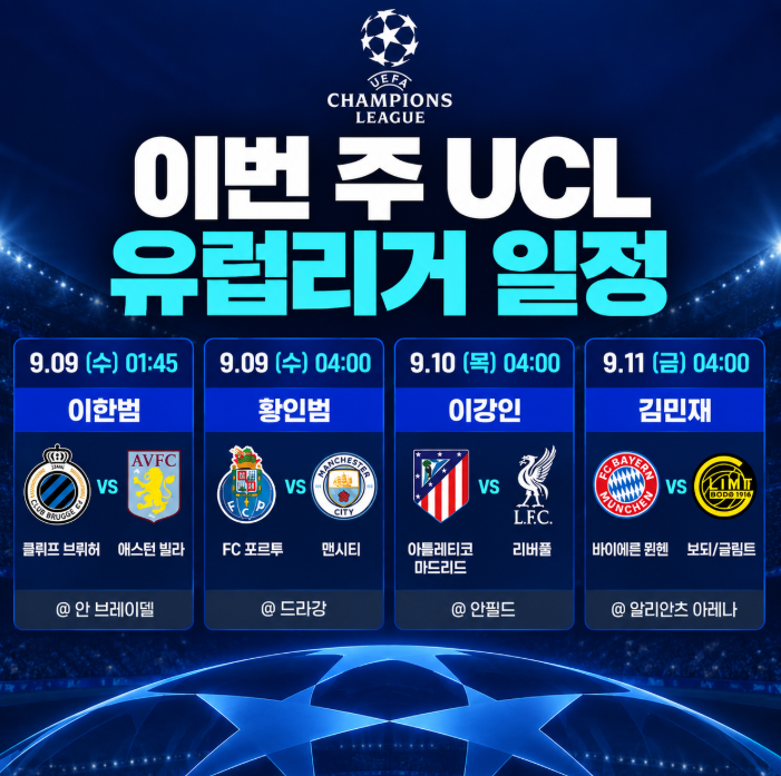 “이번 주 새벽이 바빠졌다” 이강인부터 김민재까지 UCL 유럽리거 일정