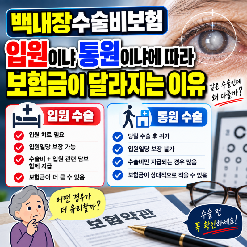 백내장수술비보험 입원이냐 통원이냐에 따라 보험금이 달라지는 이유