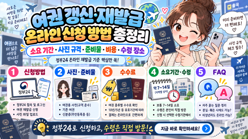 여권 갱신 재발급 온라인 신청 방법 및 소요 기간! ( + 사진 규격 옷 준비물 비용 수령 장소)