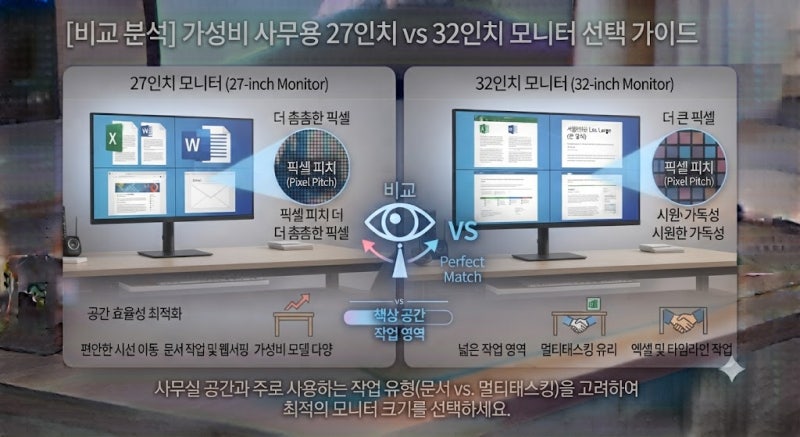 가성비 사무용 27인치 vs 32인치 모니터 데스크 깊이별 선택 기준