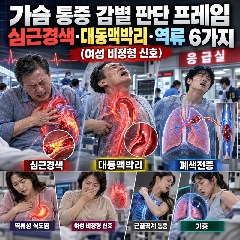 가슴 통증 감별 판단 프레임, 심근경색·대동맥박리·역류 6가지 (여성 비정형 신호)