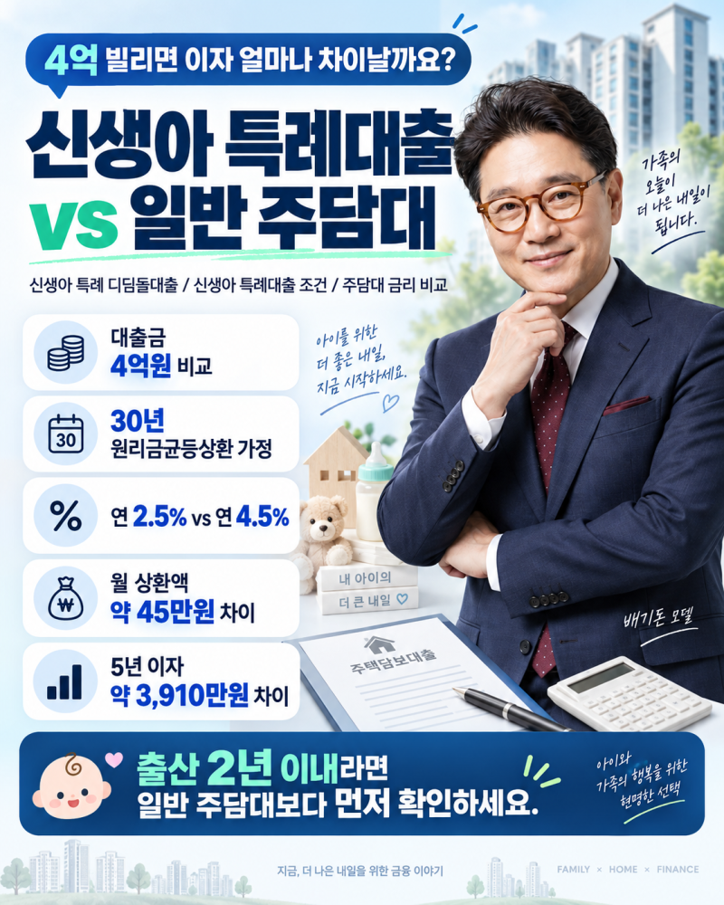 신생아 특례대출 vs 일반 주담대, 4억 빌리면 5년 이자 얼마나 차이날까?