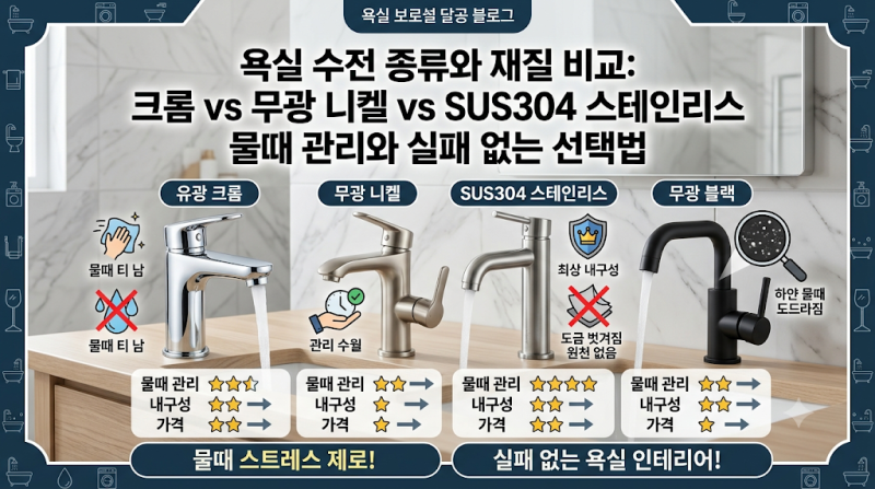 욕실 수전 종류와 재질 비교: 크롬 vs 무광 니켈 vs SUS304 스테인리스 물때 관리와 실패 없는 선....