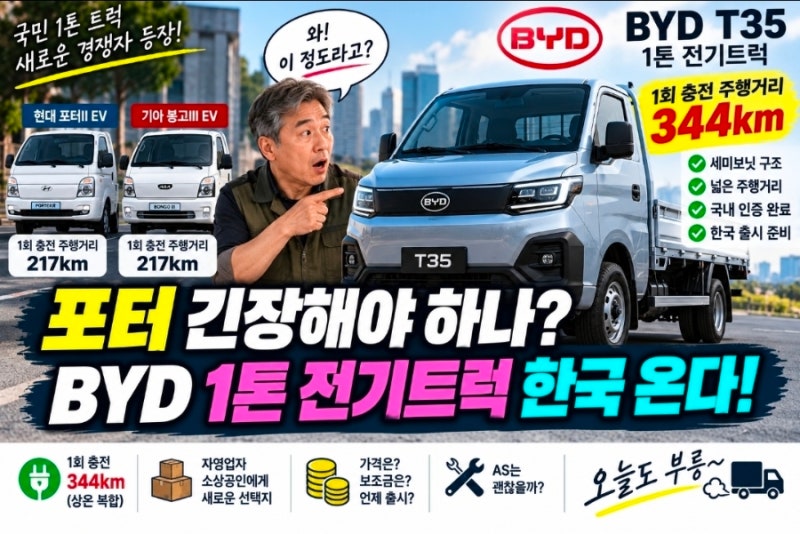 “포터 긴장해야 하나?” BYD 1톤 전기트럭 T35 한국 출시 채비…인증거리 344km