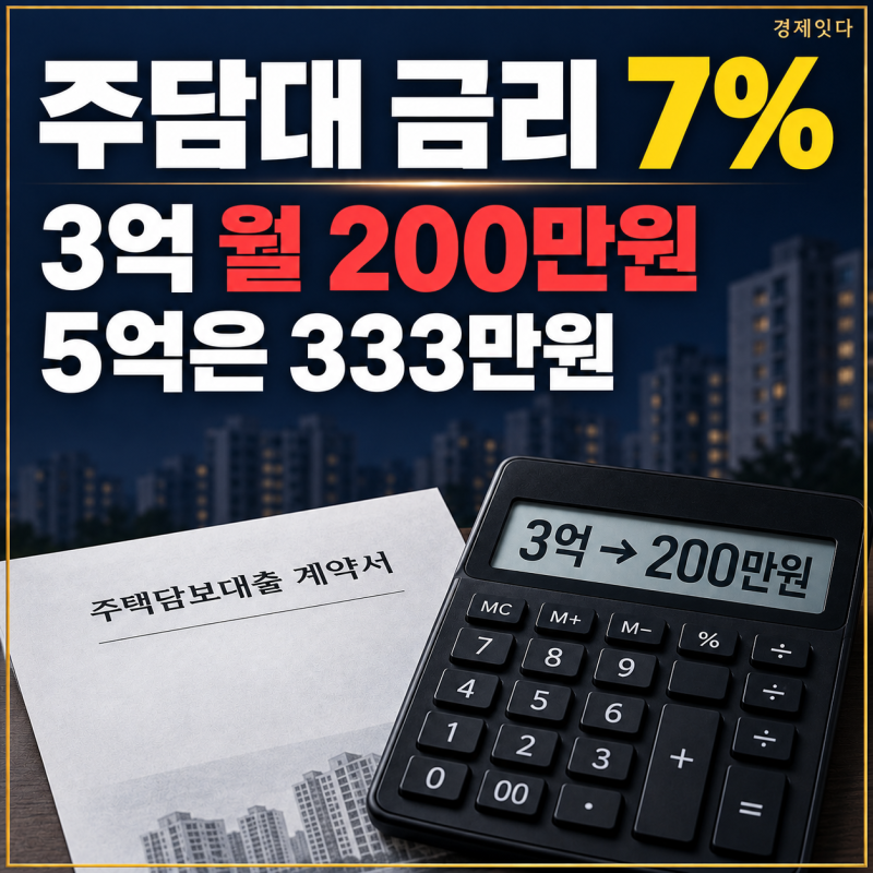 주담대 금리 7%면 3억·5억 대출 이자 얼마? 월 상환액 계산해보니