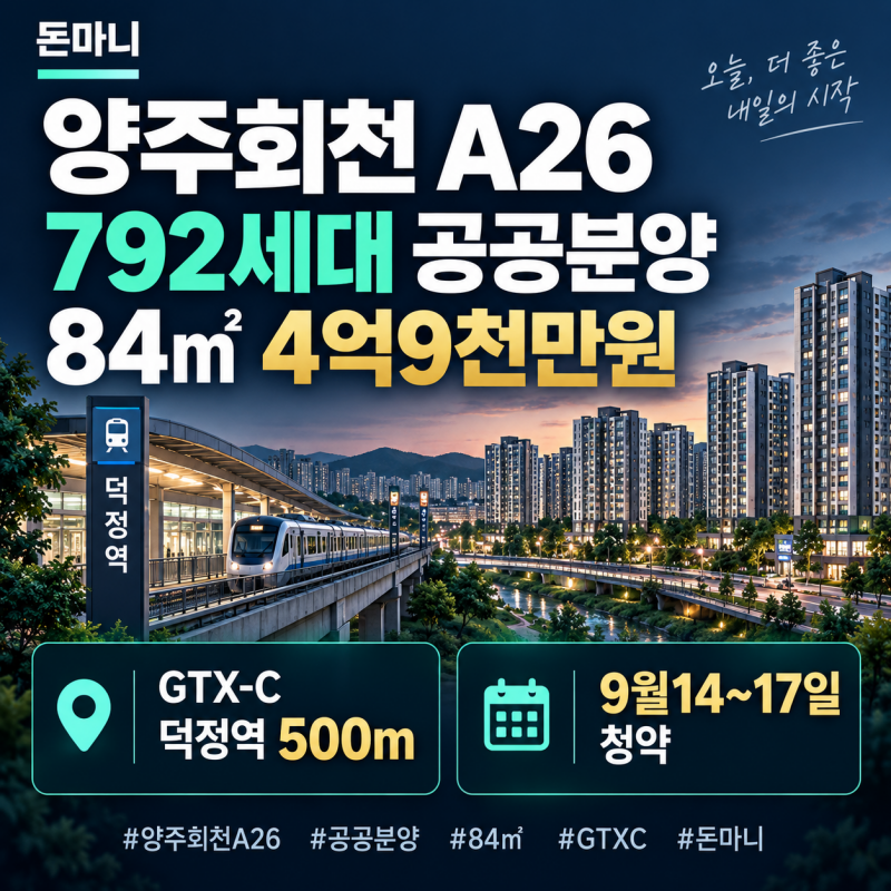 양주회천 A26 공공분양 84㎡ 4억9천만원, GTX-C 덕정역 청약자격·필요현금은?