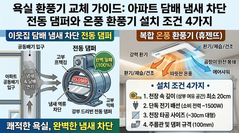 욕실 환풍기 교체 가이드: 아파트 담배 냄새 차단 전동 댐퍼와 온풍 환풍기 설치 조건 4가지