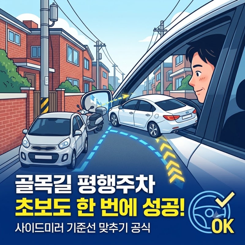 앞뒤로 10번 왔다 갔다 하지 마세요! 좁은 골목길 평행주차 1번에 쏙 넣는 사이드미러 공식