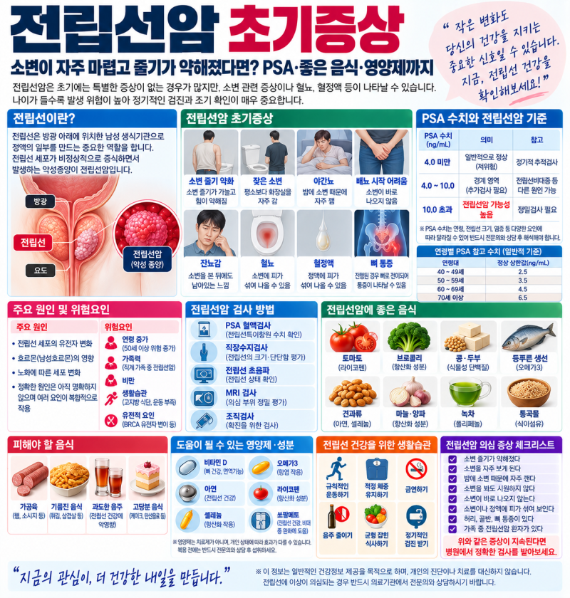 전립선암 초기증상, 소변이 자주 마렵고 줄기가 약해졌다면? PSA·좋은 음식·영양제까지