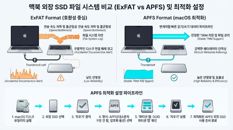 맥북 외장 SSD 쓰기 속도 저하 해결법: ExFAT에서 APFS 포맷 변환과 연결 끊김 방지 설정