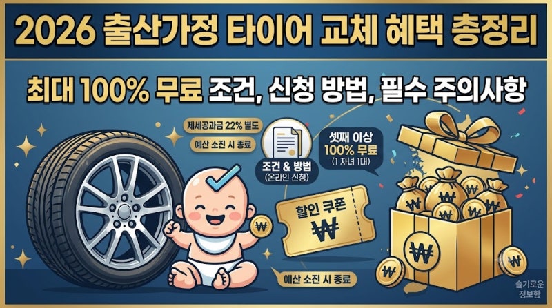 2026 출산가정 타이어 교체 혜택 총정리: 최대 100% 무료 조건, 신청 방법, 필수 주의사항