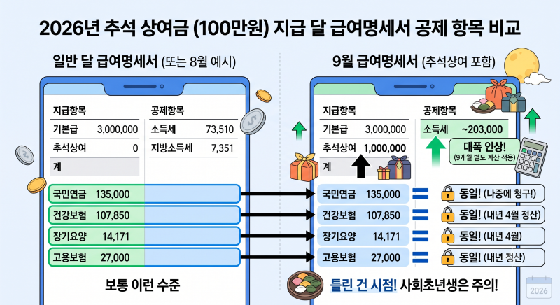 추석 상여금 100만원, 4대보험은 왜 그 달에 안 오를까 (2026년 기준 전액 계산)