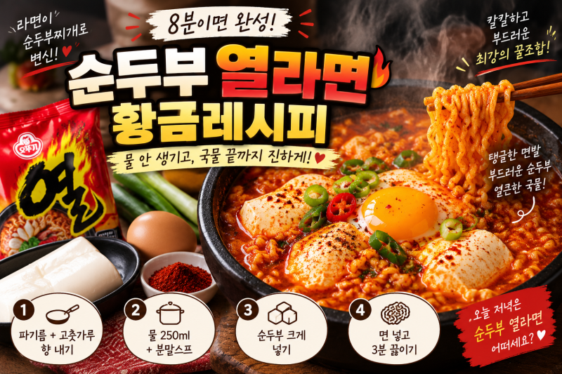 순두부 열라면 레시피 물 비율! 국물 안 싱겁게 끓이는 초간단 순두부찌개 라면 꿀조합