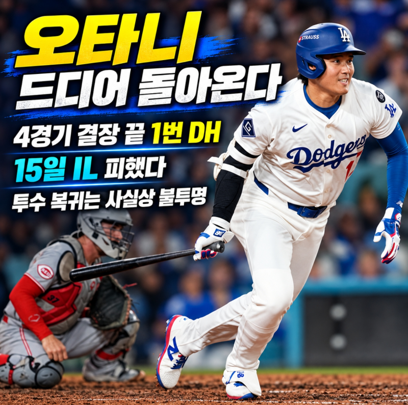 오타니 4경기 결장 끝 신시내티전 1번 DH 복귀, 15일 IL 피했다. 투수 복귀는 사실상 불투명