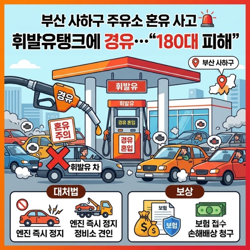 부산 사하구 주유소 혼유 사고 휘발유탱크에 경유…180대 피해, 대처법과 보상은?