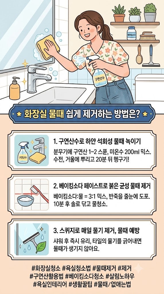 매번 문질러도 다시 생기는 화장실 물때, 힘들이지 않고 지우는 실전 청소법