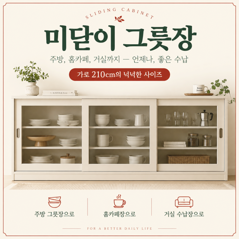 가로 210cm 미닫이 그릇장, 그릇 수납부터 홈 카페까지 다양하게