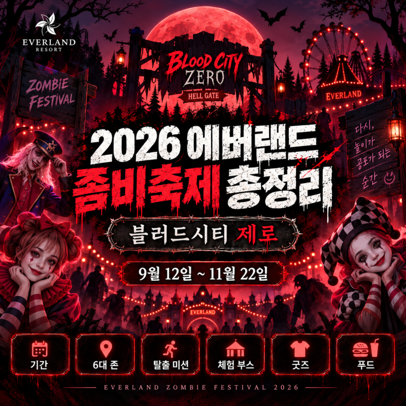 2026 에버랜드 좀비 축제 총정리, 블러드시티 제로 지옥의 문 기간부터 6대 존까지