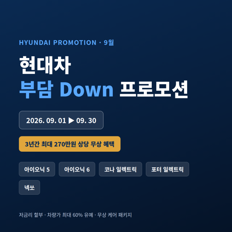 현대차 "부담 Down" 9월 프로모션 총정리 | 아이오닉5·6, 코나 EV, 포터 일렉트릭, 넥쏘 혜택 한....