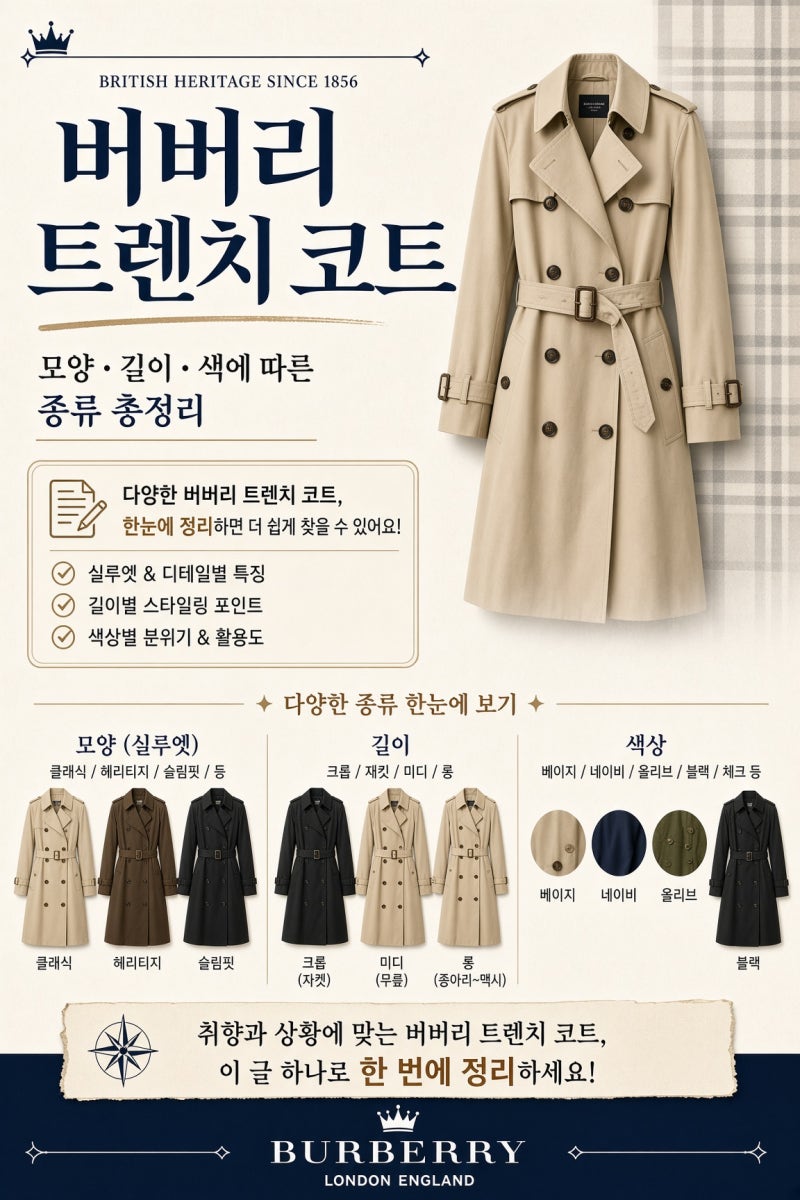 버버리 트렌치코트 종류 총정리 | 켄싱턴·첼시·워털루 핏·기장·색상 비교