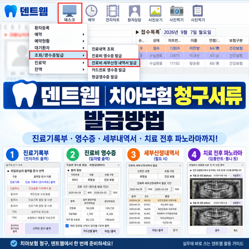 치아보험 청구서류 발급방법｜덴트웹 진료기록부·영수증·세부내역서 출력하기