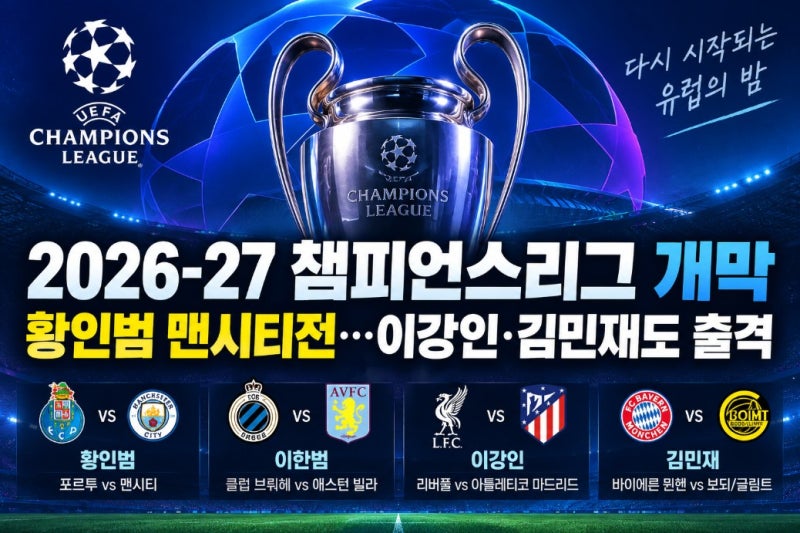 2026-27 챔피언스리그 개막, 황인범 맨시티전 선발 전망…이한범·이강인·김민재도 출격 준비