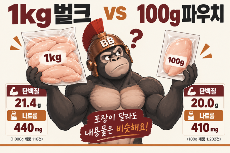 냉동 벌크와 100g 파우치 | 냉동 닭가슴살 나트륨과 단백질 함량 비교