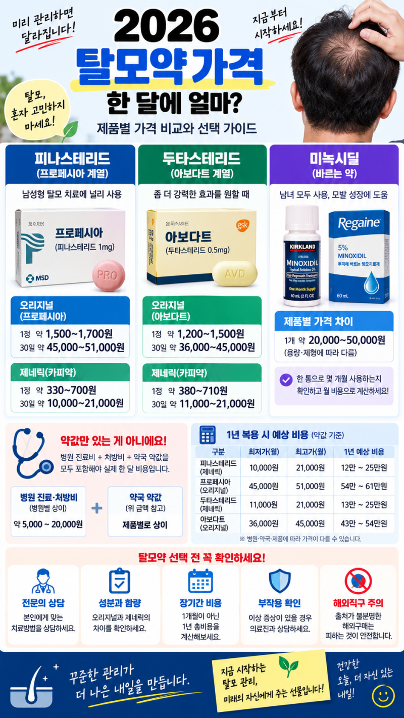 2026 탈모약 가격 총정리｜한 달에 얼마 들까?