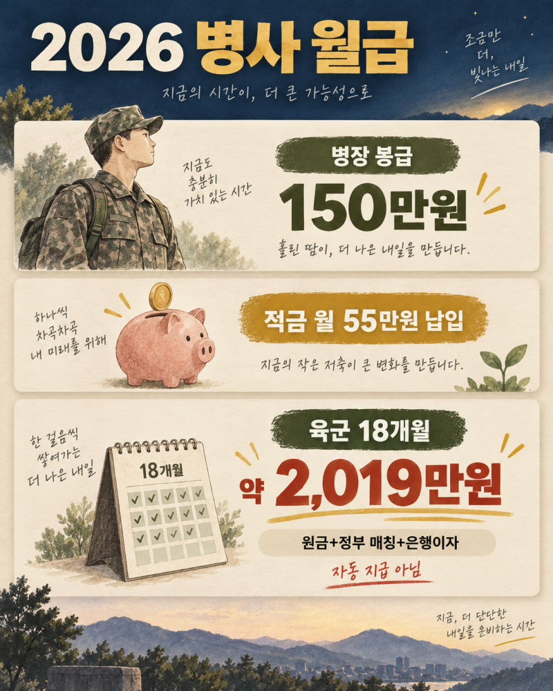2026 병사 월급 150만원, 적금 55만원씩 넣어야 전역 때 2,019만원입니다