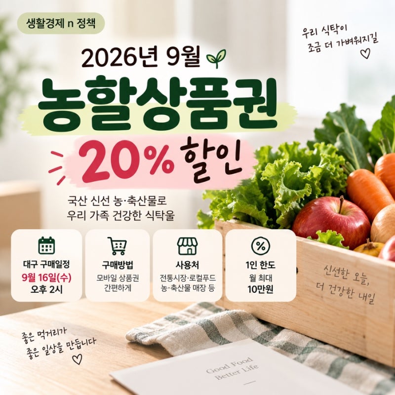 [생활경제n정책] 2026년 9월 농할상품권 20% 할인｜대구 구매일정·사용처·구매방법