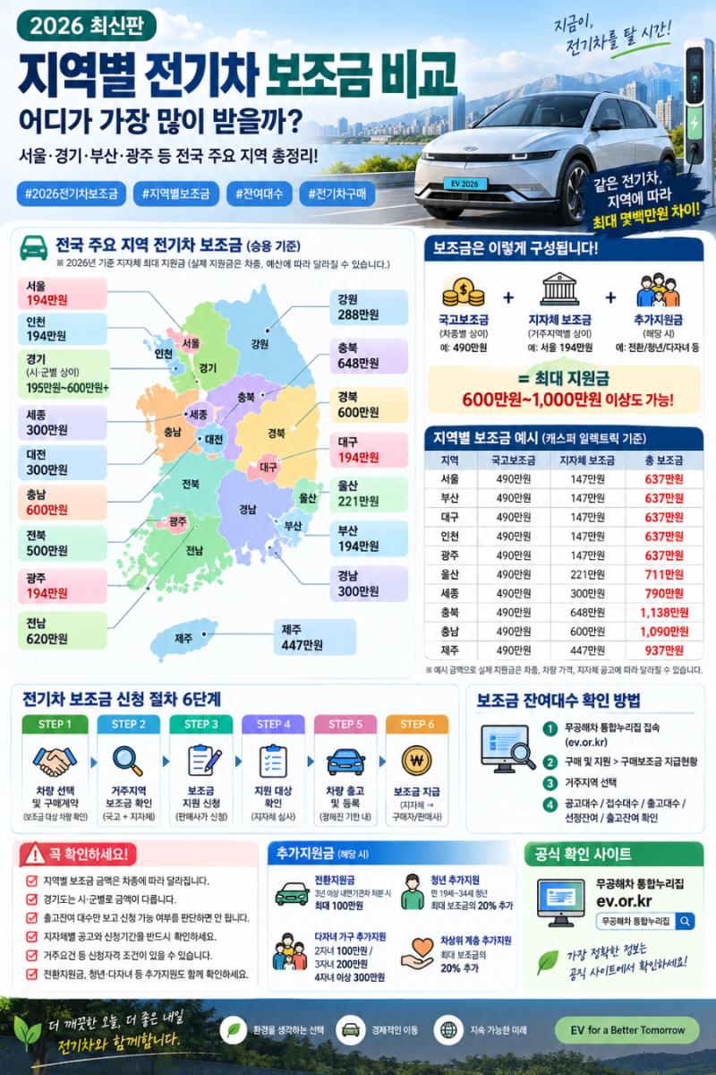 2026 지역별 전기차 보조금 / 어디가 가장 많이 줄까? / 서울·경기·부산·광주 비교