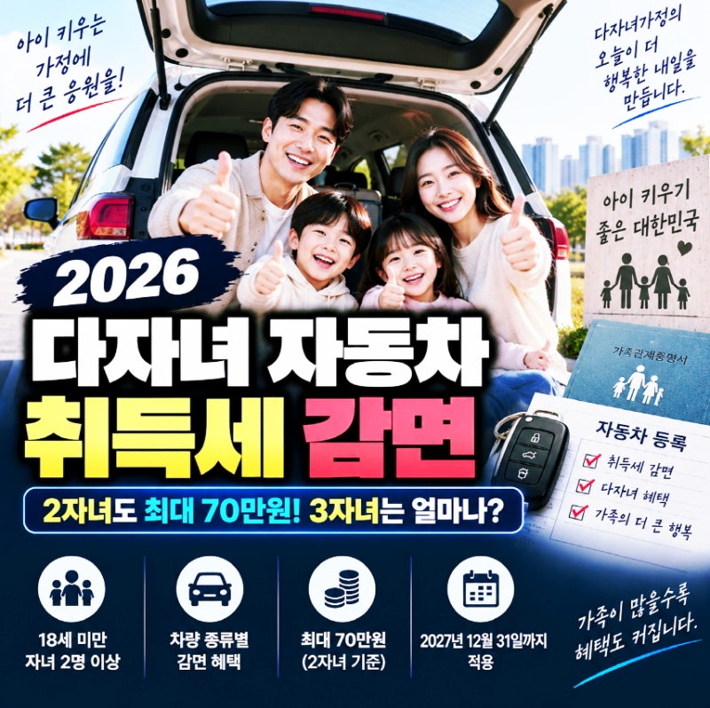 2026 다자녀 자동차 취득세 감면, 2자녀 최대 70만원 3자녀는 얼마나 받을까?