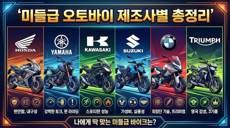 [오토바이 추천] 주요 브랜드별 미들급 바이크 특징 & 대표 모델 총정리 (혼다/야마하/가와사....