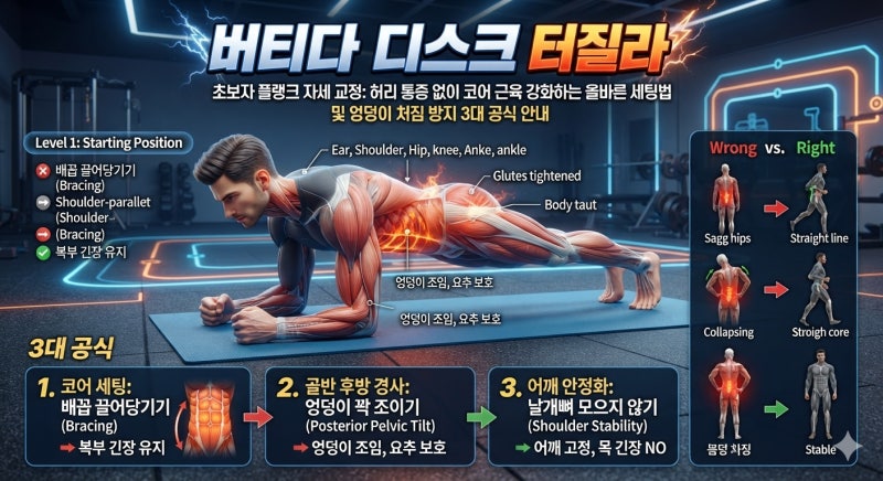 "버티다 디스크 터질라" 초보자 플랭크 자세 교정: 허리 통증 없이 코어 근육 강화하는 올바....