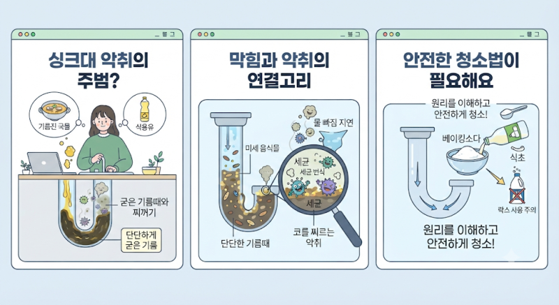 싱크대 악취와 배수구 막힘의 원인: 뜨거운 물과 과탄산소다로 해결하는 법