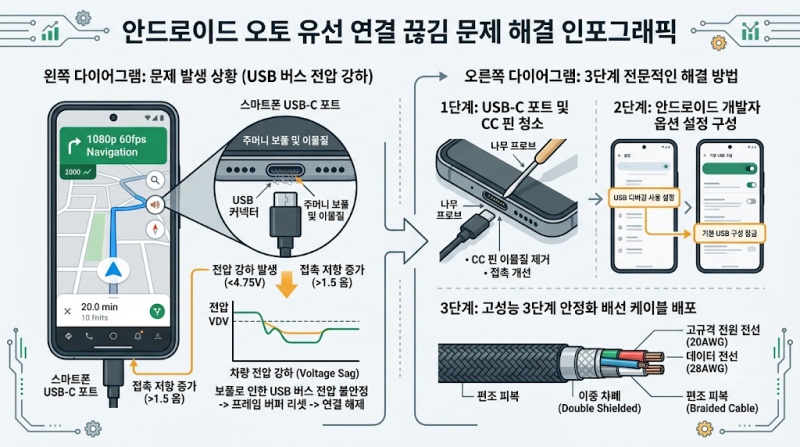 안드로이드 오토 유선 연결 끊김 해결법: 차량 대시보드 전압 강하 원인과 20AWG 고밀도 차폐....