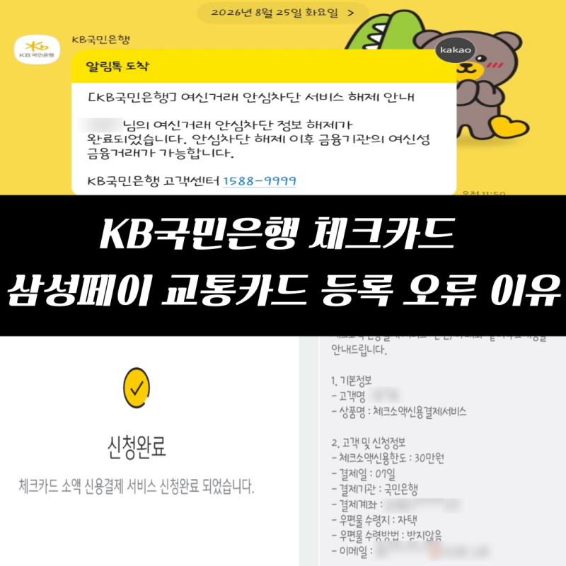 KB국민은행 체크카드 삼성페이 교통카드 등록 오류 이유 - 안심차단 서비스 해제 / 체크 소액 ....