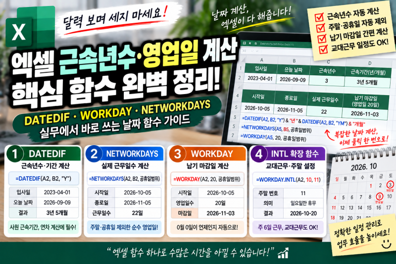 엑셀 근속년수·영업일 계산 완벽 정리! DATEDIF 함수와 WORKDAY·NETWORKDAYS 실무 활용법